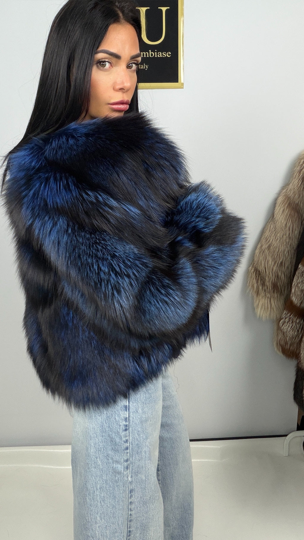 Giacca in volpe argentata blu