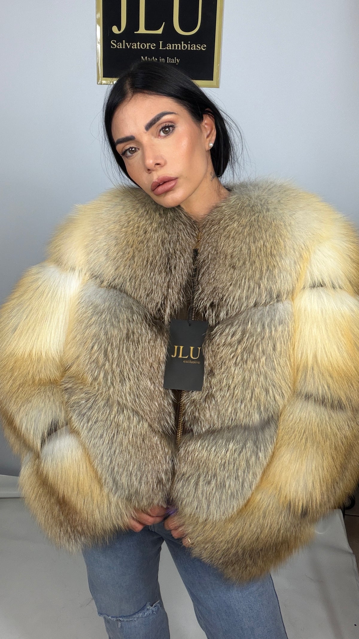 Giacca crop in volpe gold island collo Chanel