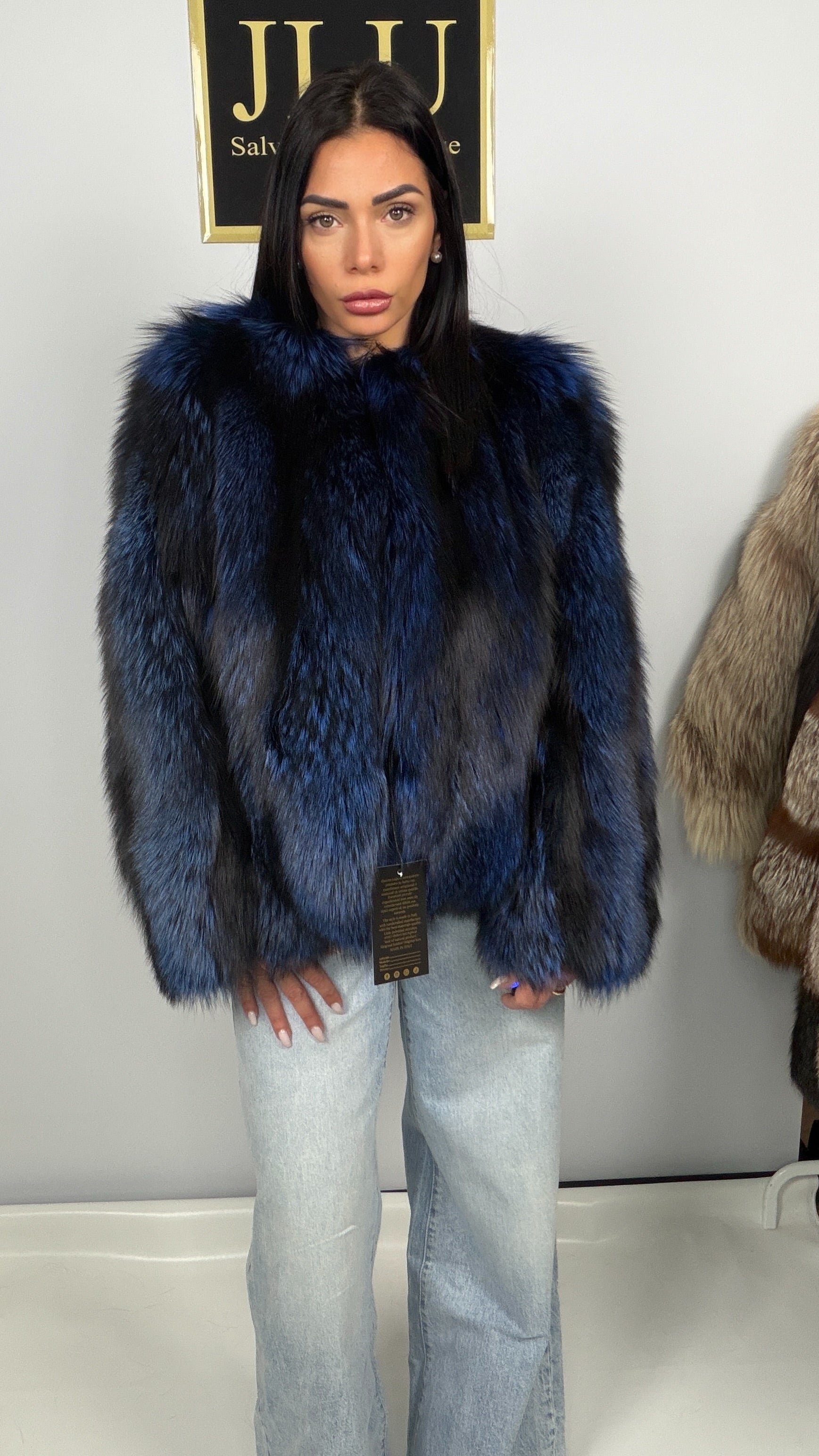 Giacca in volpe argentata blu