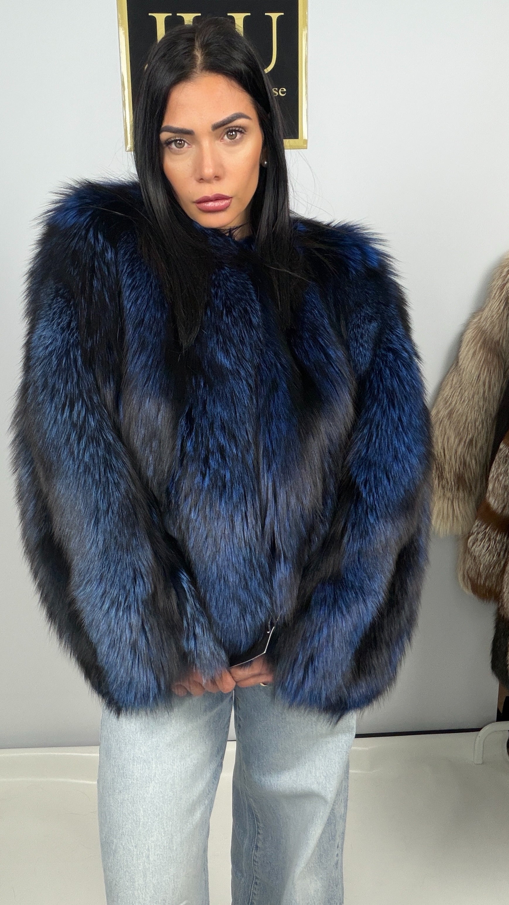 Giacca in volpe argentata blu