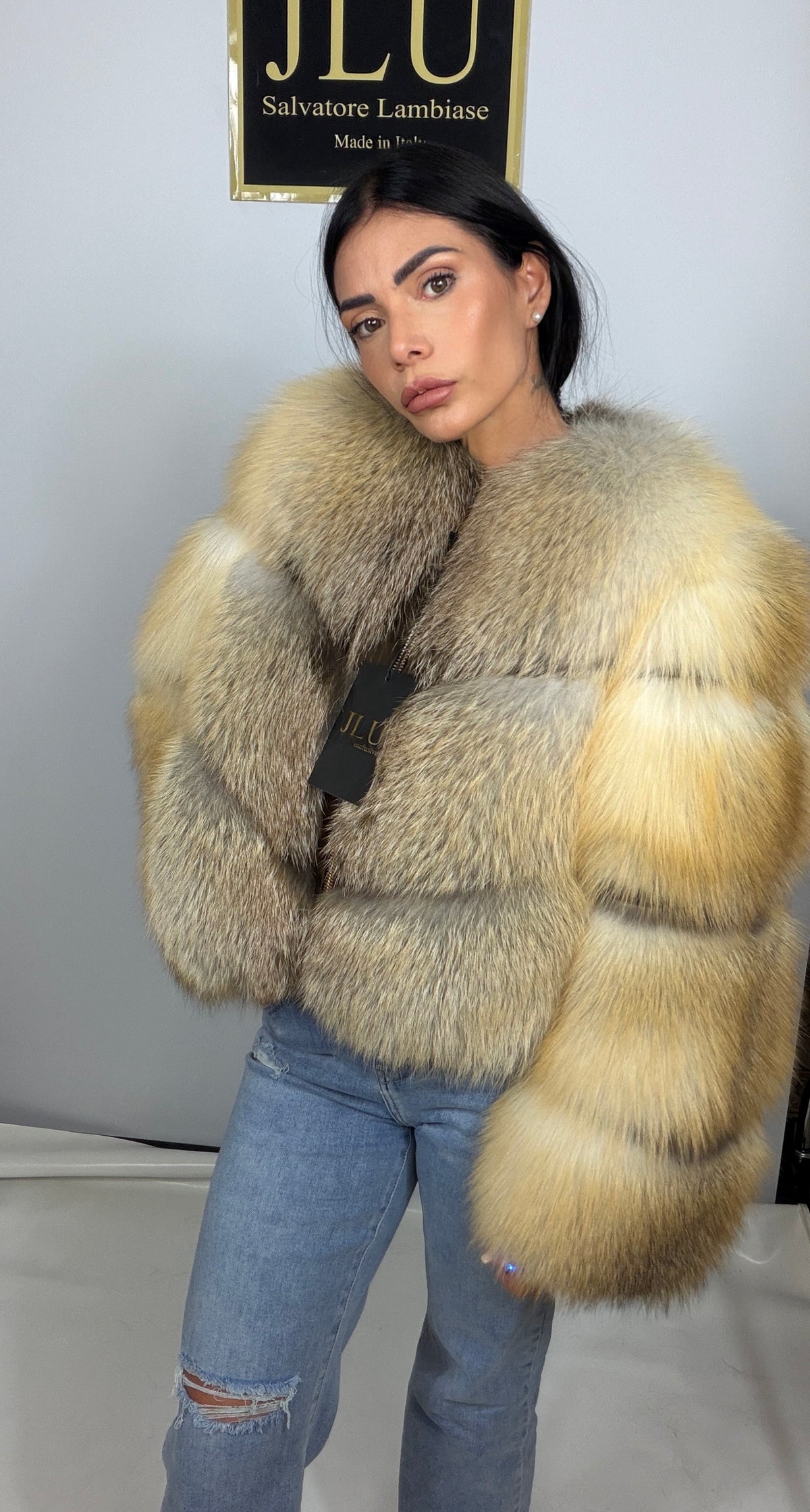 Giacca crop in volpe gold island collo Chanel